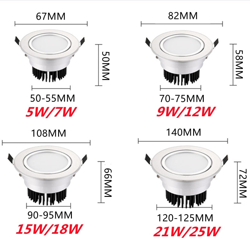 Silver Round Dimmable Recessed LED Downlight 5W 7W 9W 12W 15W 18W 21W 25W Recessed COB Ceiling Spot Light 3000K 4000K 6000K AC90-265V