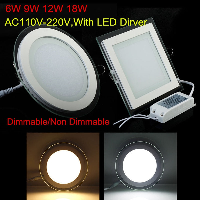 Dimmable LED Downlight Glass LED Panel Downlight Round/Square Recessed Ceiling Downlight 6W 9W 12W 18W Warm/ Natural/ Cold White