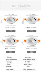 BRGT LED Spotlights Recessed Ceiling Lamp Aluminum White 3W 5W 7W 12W Rotatable Downlight 110V 220V For Kitchen Home Indoor Lighting
