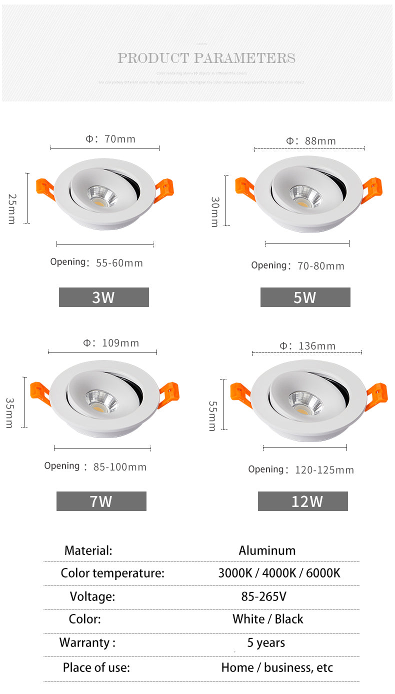 BRGT LED Spotlights Recessed Ceiling Lamp Aluminum White 3W 5W 7W 12W Rotatable Downlight 110V 220V For Kitchen Home Indoor Lighting