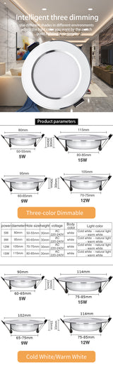 LED Downlight Recessed Ceiling Lamp 5W 9W 12W 15W Three-color dimmable/Cold white/Warm white 10PCS led Spotlight AC 220V