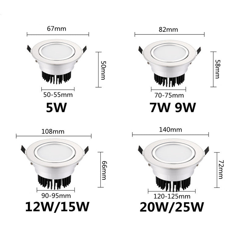 Silver Round Dimmable Recessed LED COB Downlight 5W/7W/9W/12W/15W Recessed LED Ceiling Spot Light 3000K 4000K 6000K AC90-265V