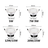 Silver Round Dimmable Recessed LED COB Downlight 5W/7W/9W/12W/15W Recessed LED Ceiling Spot Light 3000K 4000K 6000K AC90-265V