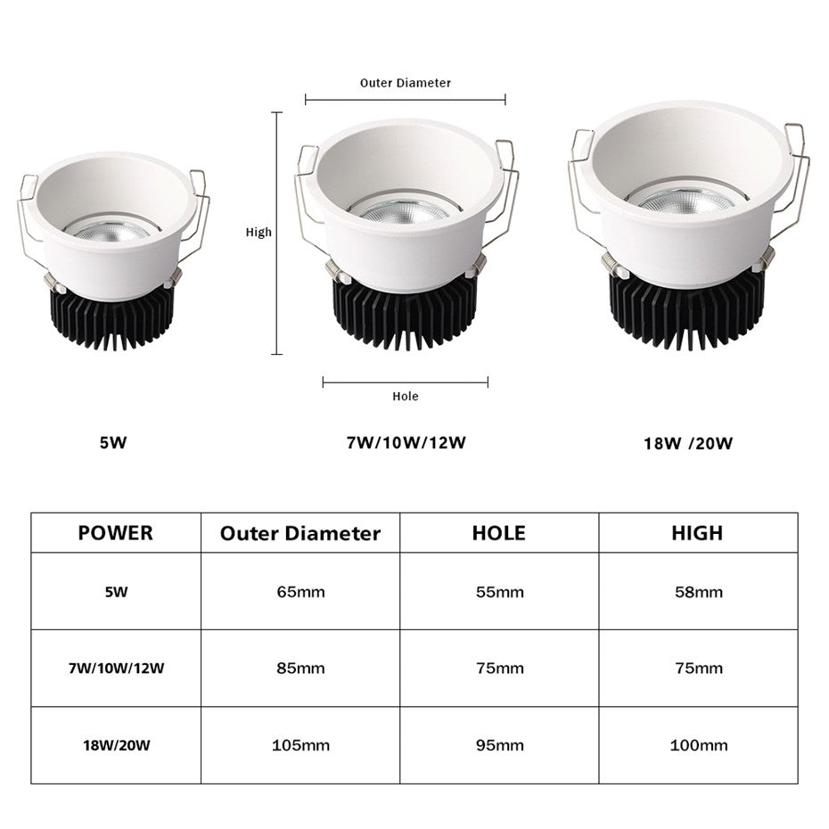 Narrow Side Downlight Embedded Led Ceiling Downlight Anti glare Recessed Ceiling Lamp Lighting 5W 7W 12W Dimmable For Home Room