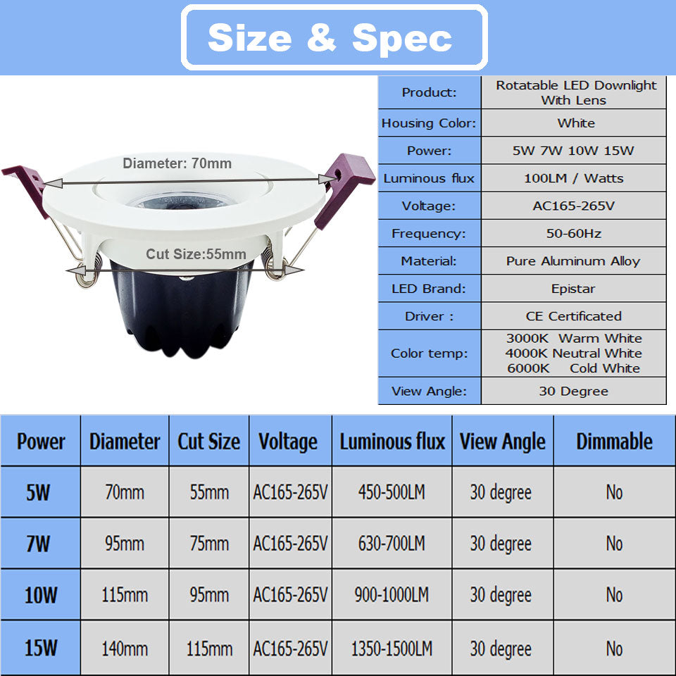 Recessed Led Downlight Light 5W 7W 10W 15W COB Ceiling Spot Light 220V LED Spot Round Recessed Lamp For Indoor Lighting