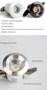 Mini Spot 1W LED Recessed Downlight White/Black/Grey Cabinet Light Recessed Ceiling Spot Light Embedded Down Light