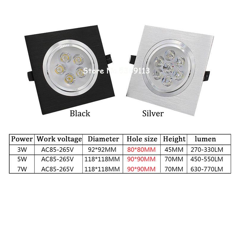 LED Square Down Lights 3W 5W 7W Recessed Dimmable Downlights 110V 220V Spot Indoor Ceiling Home Lighting