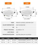 RGB W/WW Downlight Led 10W/20W Ceiling Decorative Downlight Living Room Background Wall Downlight RGB Remote Control Downlight