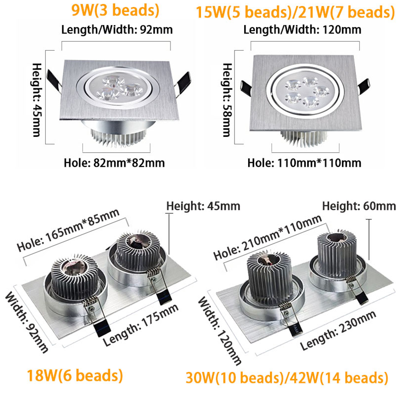 Dimmable 9W 15W 30W 42W COB LED Ceiling Lamp Spot Lights Square LED Recessed Downlights AC85~265V Room Lamps