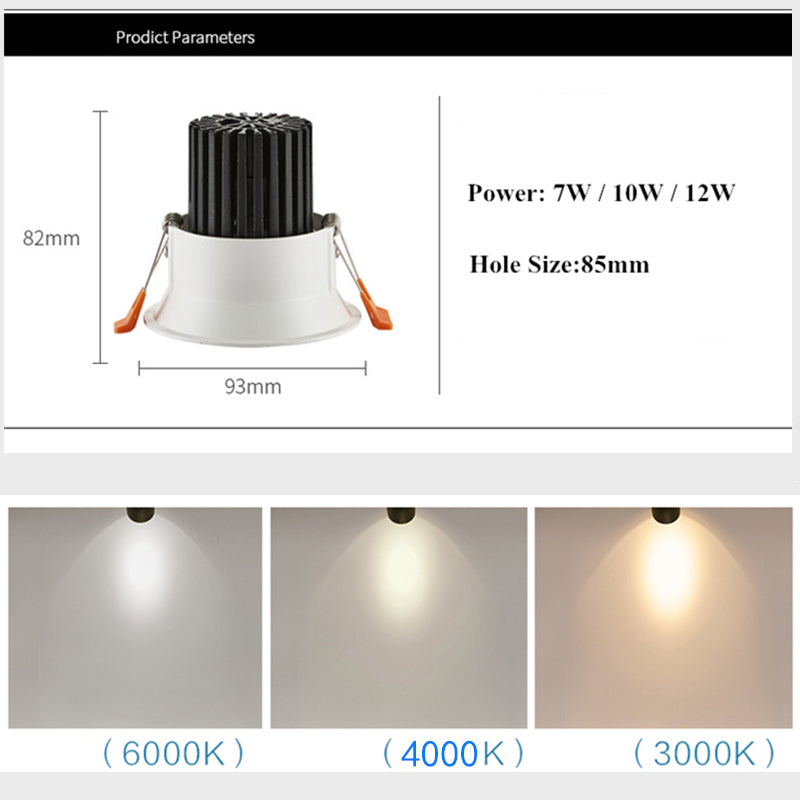 Dimmable LED downlight, 7W, 10W, 12W, 85-265V, COB, dimmable COB spotlight, downlight, ceiling light