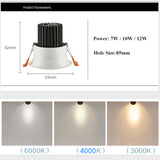 Dimmable LED downlight, 7W, 10W, 12W, 85-265V, COB, dimmable COB spotlight, downlight, ceiling light