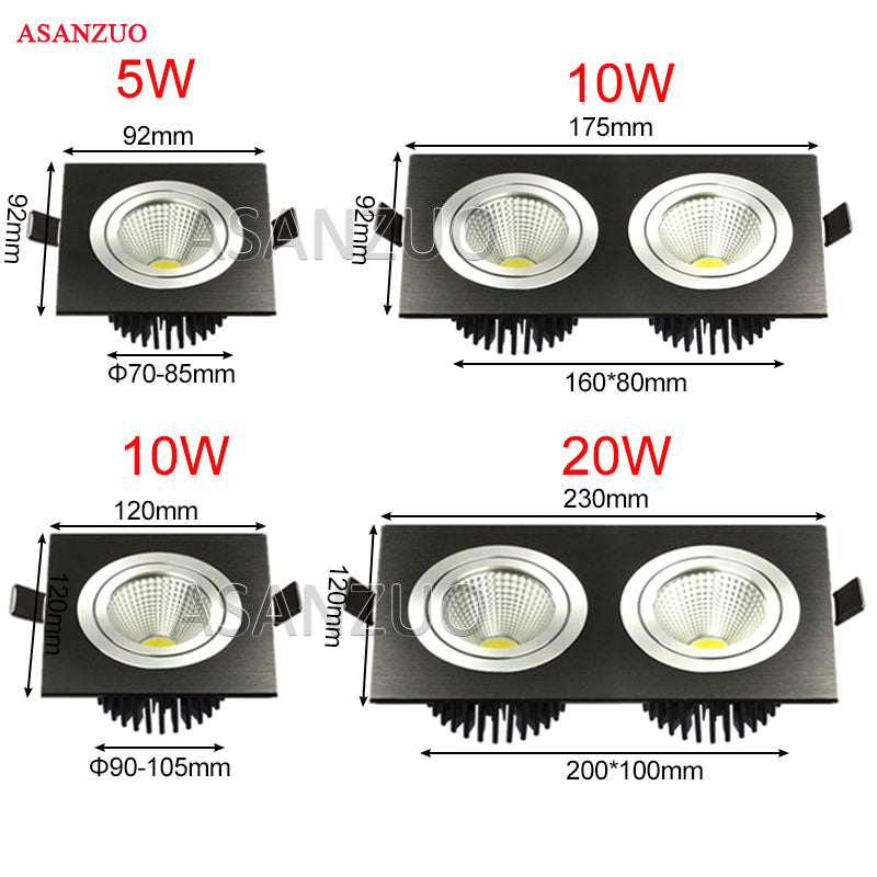Square Recessed LED COB Downlight LED Spot light decoration Rotatable 5w 10w 20w Ceiling Lamp