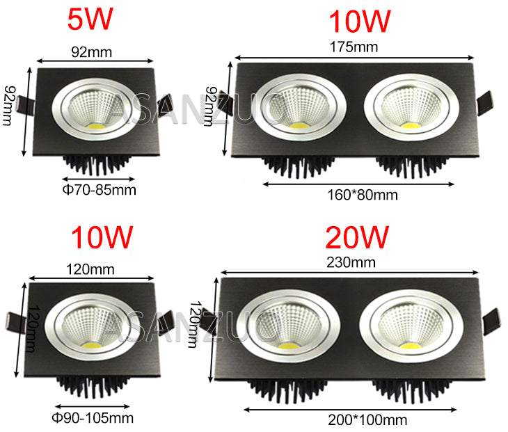 Square Recessed LED COB Downlight LED Spot light decoration Rotatable 5w 10w 20w Ceiling Lamp