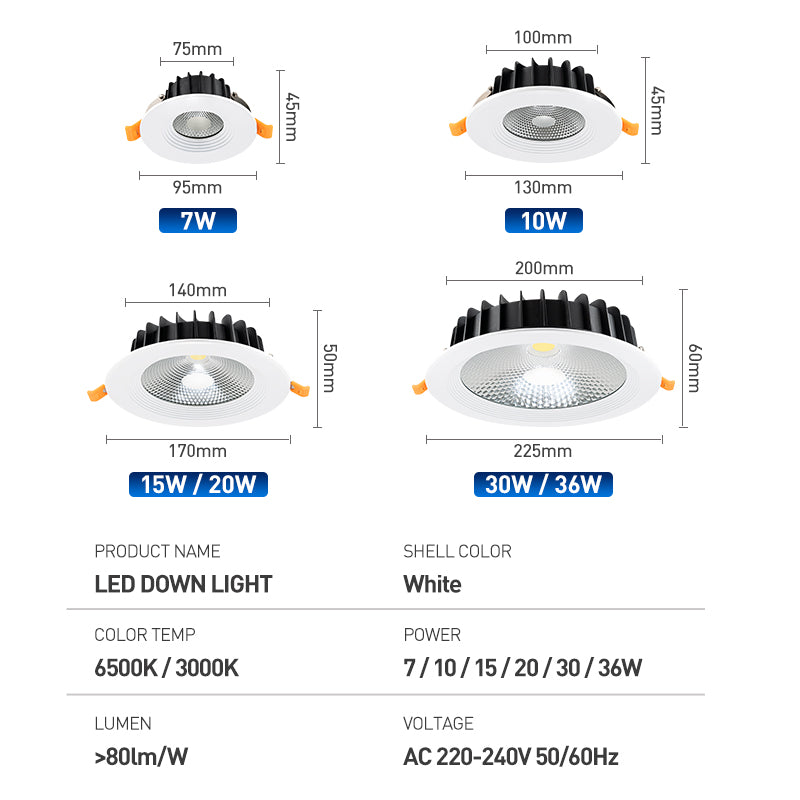 LED Downlight Recessed Round Aluminum LED Ceiling Lamp High Brightness 7W 10W 15W 20W 30W 36W Spotlight Warm Cold White 220-240V