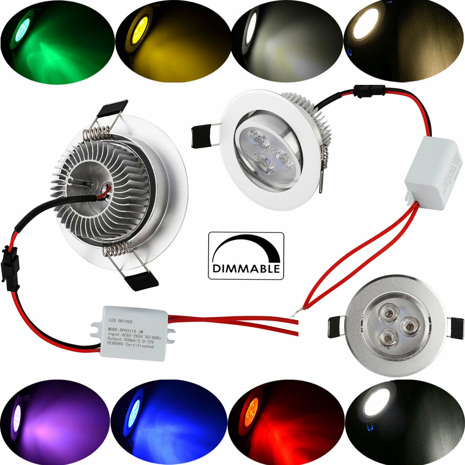 Dimmable 3W Recessed LED Ceiling Downlight Spotlight Lighting 110v 220v Lamps Bulb White Free Driver Colorful Red Yellow Purple