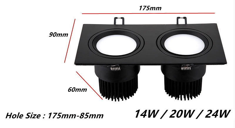 Square Bright Recessed Double LED Dimmable Downlight COB 14W 20W 24W LED Spot light Ceiling Lamp AC 85- 265V with Frosted lens