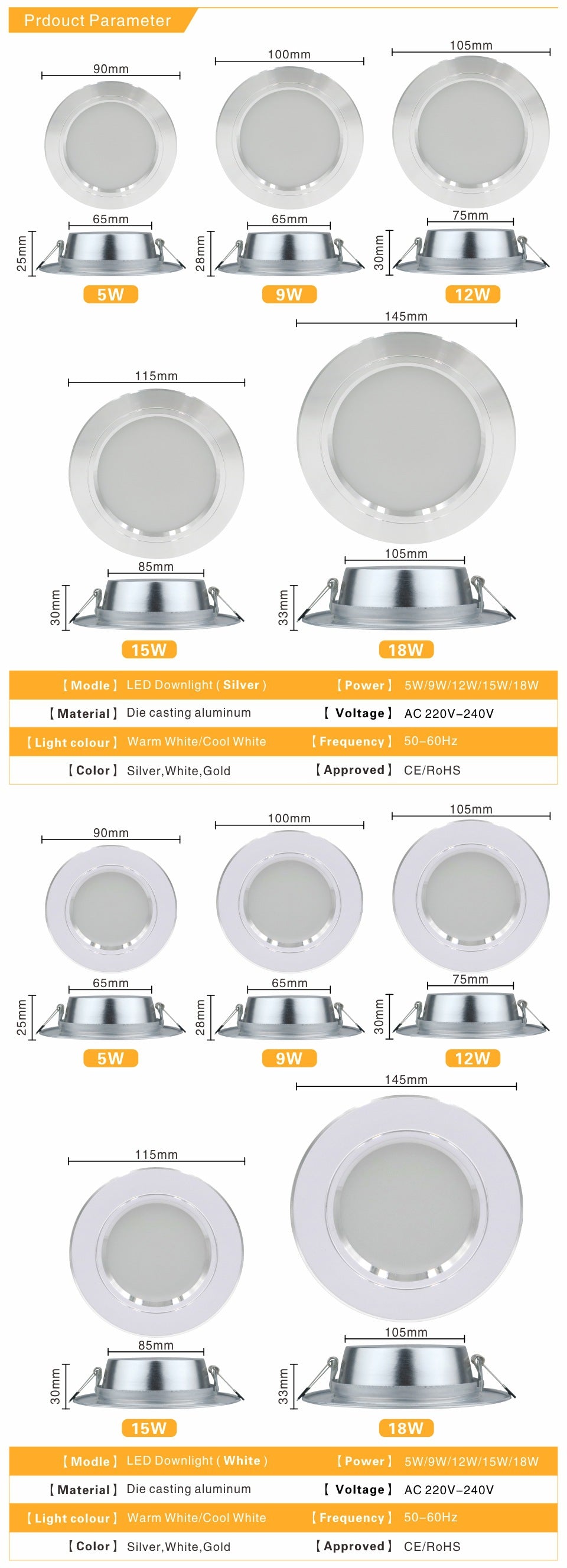 LED Downlight Ceiling 5W 9W 12W 15W 18W led Ceiling lamp Gold/Silver/White Body AC 220V 230V 240V led light
