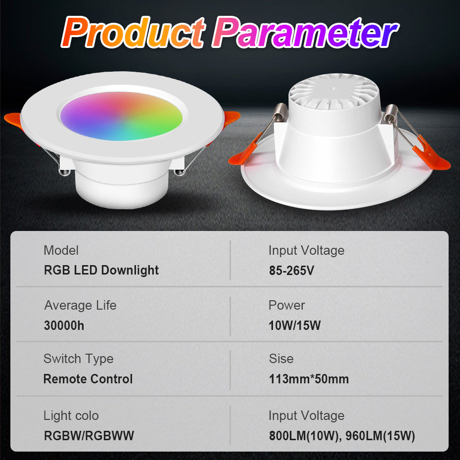 LED Downlight RGB Color Spot Light 10W 15W AC85-265V Recessed in LED Ceiling Light Cold or Warm White Lamp with Remote Control
