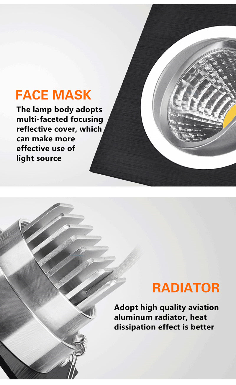 Square Dimmable Recessed COB LED Downlights 5W 7W 9W 12W LED Ceiling Spot Lights AC85~265V LED Ceiling lamps Indoor Lighting