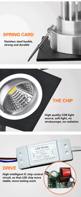 Square Dimmable Recessed COB LED Downlights 5W 7W 9W 12W LED Ceiling Spot Lights AC85~265V LED Ceiling lamps Indoor Lighting