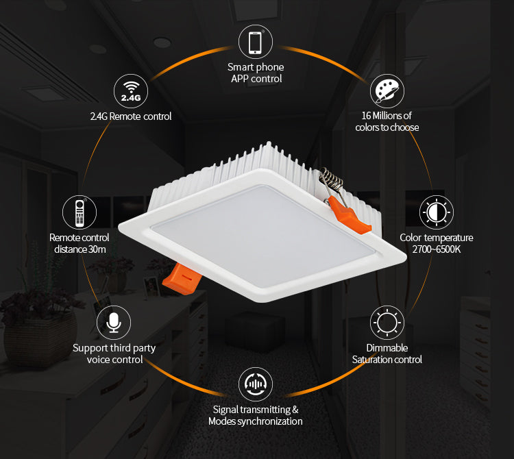 FUT064 2.4GHZ RF Remote/WIFI APP/Third Party Voice Control LED Lamp Miboxer AC100-240V 9W RGB+CCT Square LED Downlight AIuminum