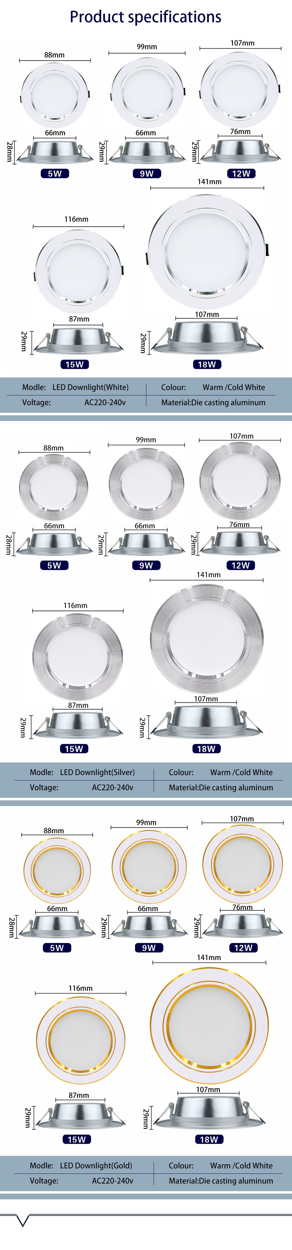 LED Downlight Ceiling 5W 9W 12W 15W 18W Led Ceiling Lamp Round Recessed AC 220V 230V 240V White/Warm white New type Downlight