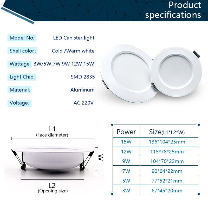 LED Downlight 3W 5W 7W 9W 12W 15W LED Ceiling Light 10pcs/lot 220V Recessed Downlights Round Led Panel Light for Living room