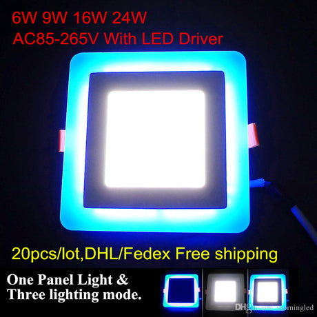 20pcs/lot Ultra trim Recessed 3 Model Square LED Downlight 6W 9W 16W 24W White +blue/Warm +blue LED indoor light 85-265V