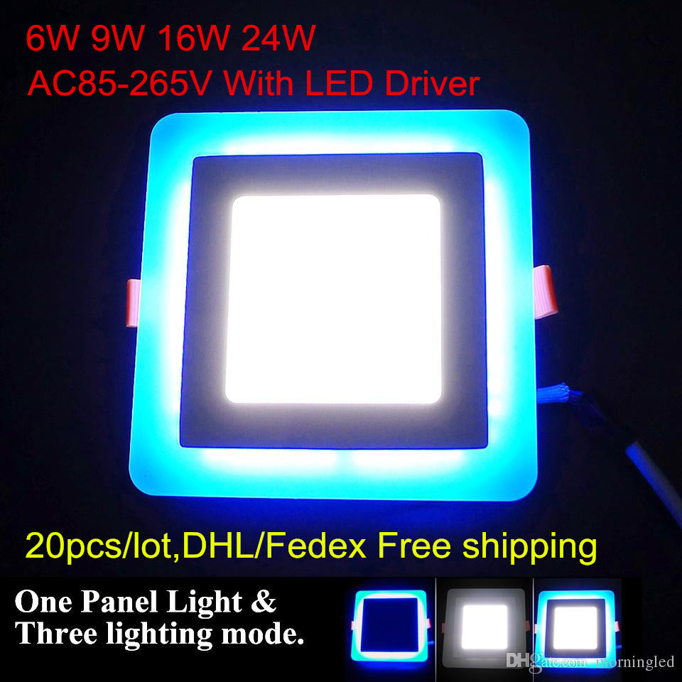 20pcs/lot Ultra trim Recessed 3 Model Square LED Downlight 6W 9W 16W 24W White +blue/Warm +blue LED indoor light 85-265V