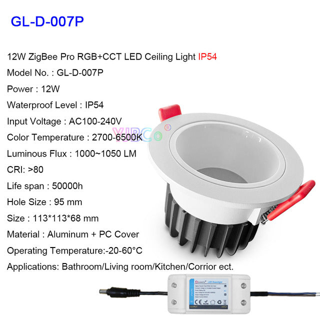 Zigbee 3.0 Smart RGB+CCT LED Downlight Pro 6W/9W/12W Waterproof Rate IP54 For Living Room Kitchen Corridor Bathroom Dinning Room