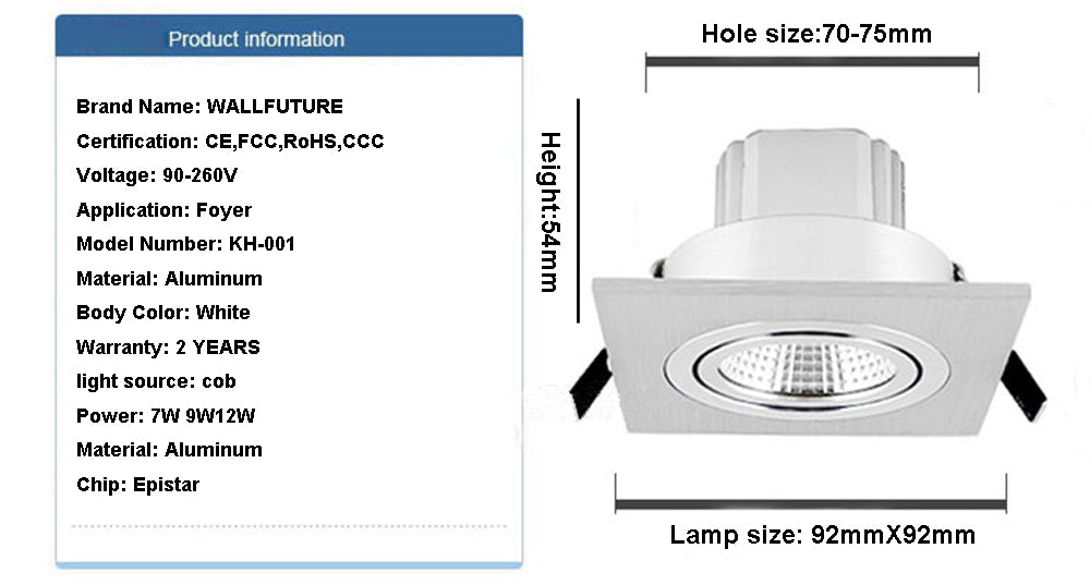 LED Downlight 10pcs led spot Square Bright Recessed LED Dimmable COB 7W 9W 12W LED Spot light decoration Ceiling Lamp AC110V 220V