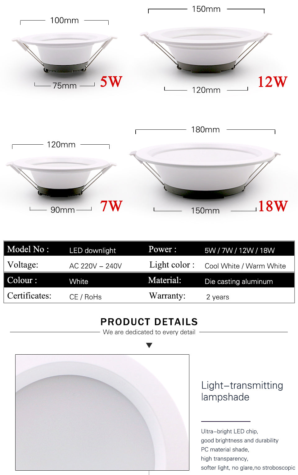 LED Downlight Ceiling Light Indoor Light Large Size 6PCS Ultra-bright Round White 5W 7W 12W 18W 220V-240V Cold White Warm White