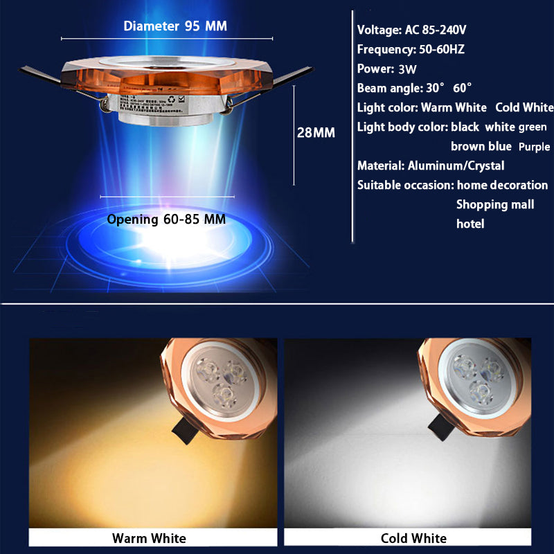 Led Crystal Ceiling Lamp Recessed Bedroom Luxury 3W Downlight Living Room Aisle Balcony Decoration Spot Lighting Luminaire