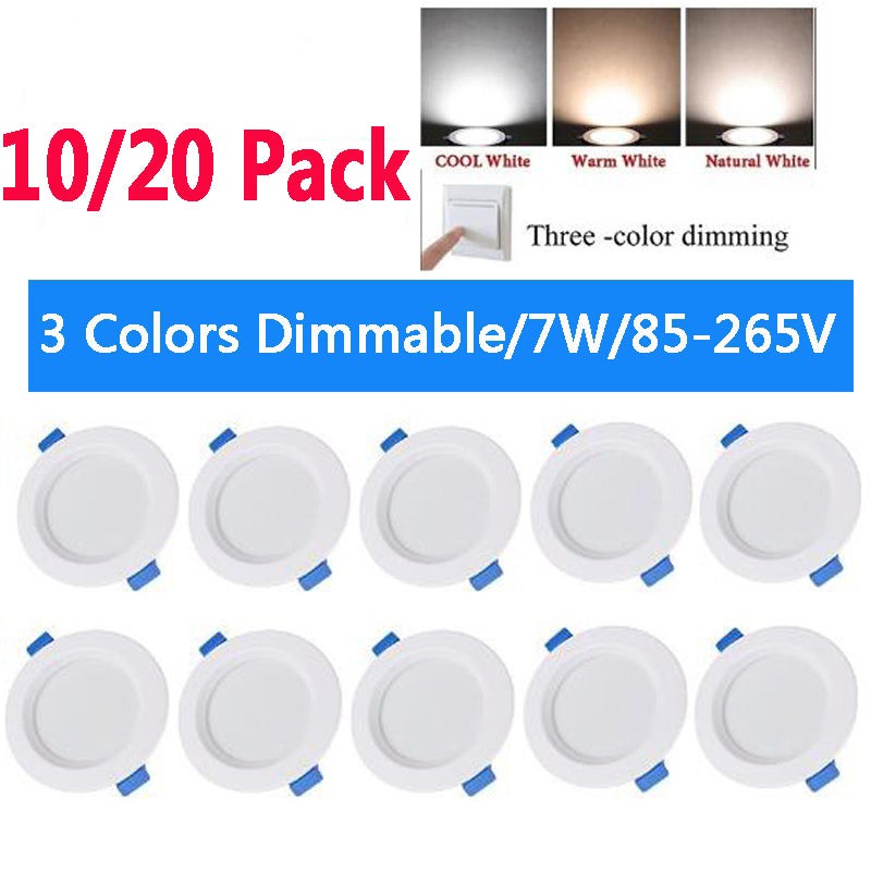 3 Color Dimmable Round Led Recessed Ceiling Panel Light Led 1/10 Pack 220V 7W Downlight Fixture Lamp Ceiling Lamp