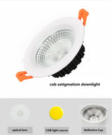 LED dimmable downlight 5w 7w 12w 18w 24w anti-fog and anti-glare COB spotlight AC110V/220V embedded ceiling light