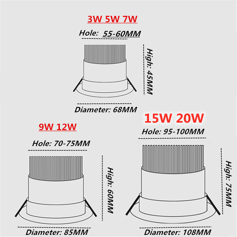 White Round Dimmable Led Downlight Light COB Ceiling Spot Light 3w 5w 7w 9w 12w 15W 20w Ceiling Recessed Lights Indoor Lighting