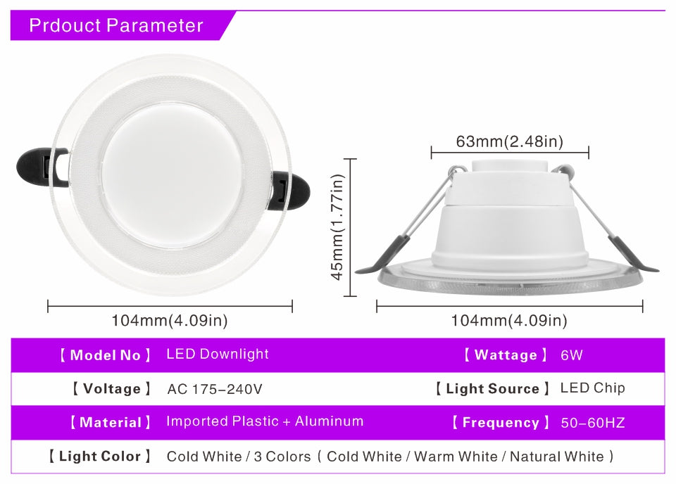 10pcs/lot 6W 3Colors Changeable LED Downlight 220V Recessed Round Panel Light Indoor Lighting Down Light Cold/Natural/Warm White