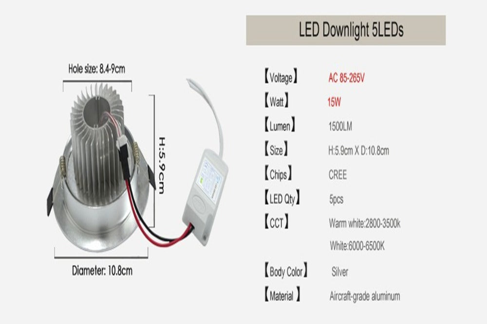 LED Ceiling Downlight Recessed 15W AC85V-265V 110V / 220V LED Wall lamp Spot light With LED Driver indoor light High power