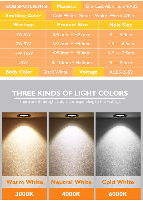 Dimmable LED Downlights AC90V-260V 5W 7W 9W 12W 15W 18W 24W COB Chip Recessed Ceiling Lamps Spot Lights For Home illumination
