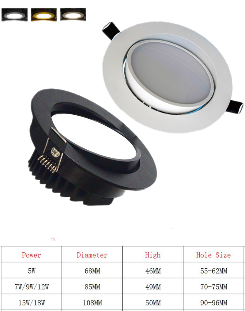 Recessed LED COB Downlight Round Dimmable 5W 7w 9w 12w 15w 18W Spot Light Ceiling Lamp White AC85-265V Aluminum Indoor Lighting