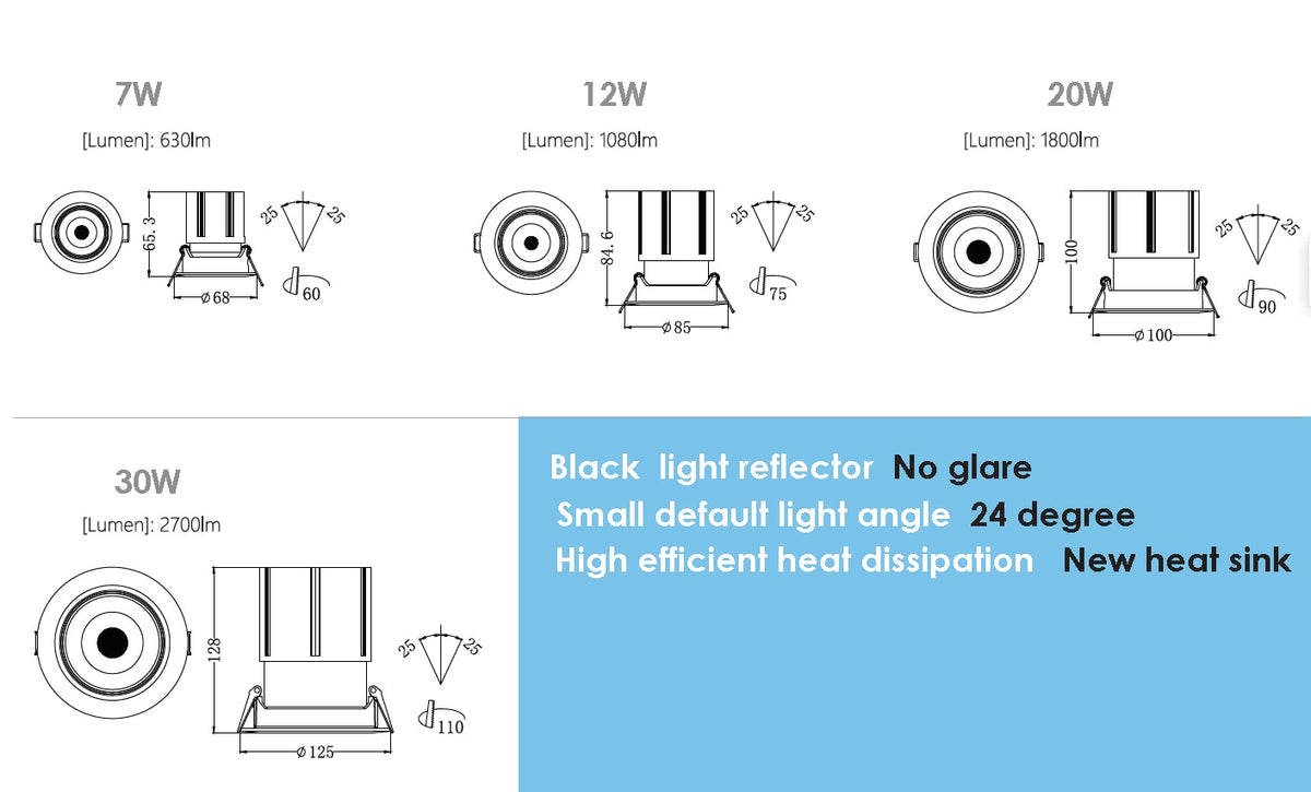 Soft Dimming DALI Dimmable 24 Beam Downlight LED Lamp Adjustablle 12W 20W 30W for Hotel Hall Meeting Room Supermarket Restaurant