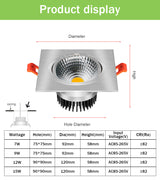 DBF Dimmable Square LED COB Downlight 7W 9W 12W 15W Angle Adjustable LED Ceiling Spot Lamp 3000K 4000K 6000K AC 110V 220V