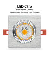 DBF Dimmable Square LED COB Downlight 7W 9W 12W 15W Angle Adjustable LED Ceiling Spot Lamp 3000K 4000K 6000K AC 110V 220V