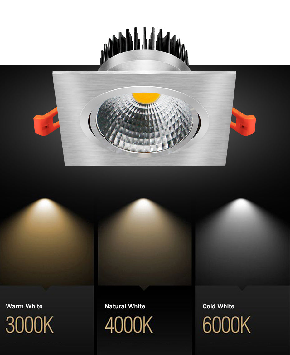 DBF Dimmable Square LED COB Downlight 7W 9W 12W 15W Angle Adjustable LED Ceiling Spot Lamp 3000K 4000K 6000K AC 110V 220V