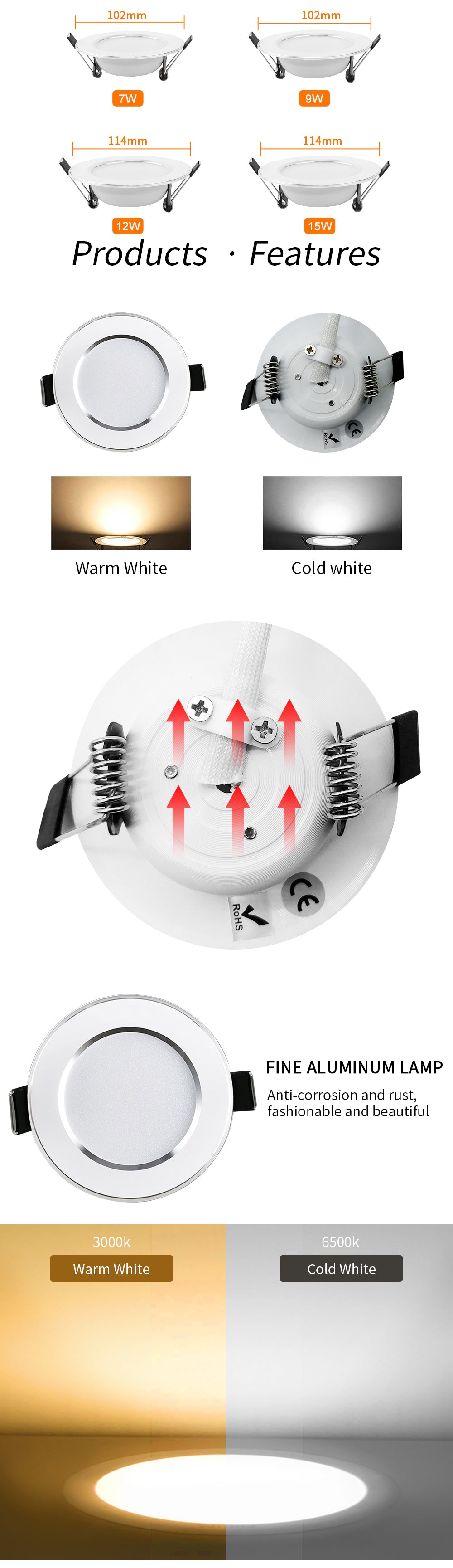 LED Downlight 3W 5W 7W 9W 12W 15W Recessed LED Spotlight Ceiling Lamp AC 220V 230V 240V Indoor Lighting Warm White Cold White