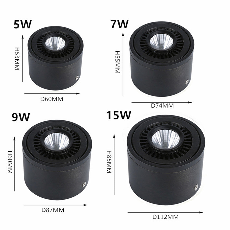 Surface mounted LED Downlight Dimmable Led COB Ceiling Spot light 5W 7W 9W 15W 360 degree rotating 110/220V Warm White/ white