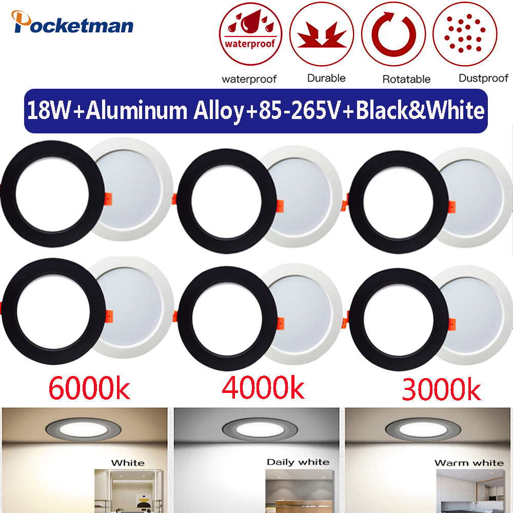 AC 220V 18W Led Downlight Lamp Black White Led Spotlight Ceiling Recessed Downlight Round Led Panel Light 3000K 4000K 6000