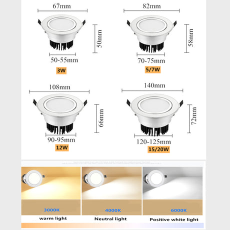 Silver Round Dimmable Recessed LED COB Downlight 3W/5W/7W/12W/15W Recessed LED Ceiling Spot Light 3000K 4000K 6000K AC90-265V