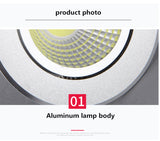 Silver Round Dimmable Recessed LED COB Downlight 3W/5W/7W/12W/15W Recessed LED Ceiling Spot Light 3000K 4000K 6000K AC90-265V