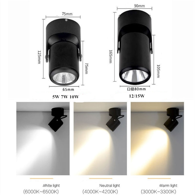 Dimmable rotating LED downlight surface mounted adjustment COB ac85-265V 5W7W10W12W15W LED ceiling spotlight